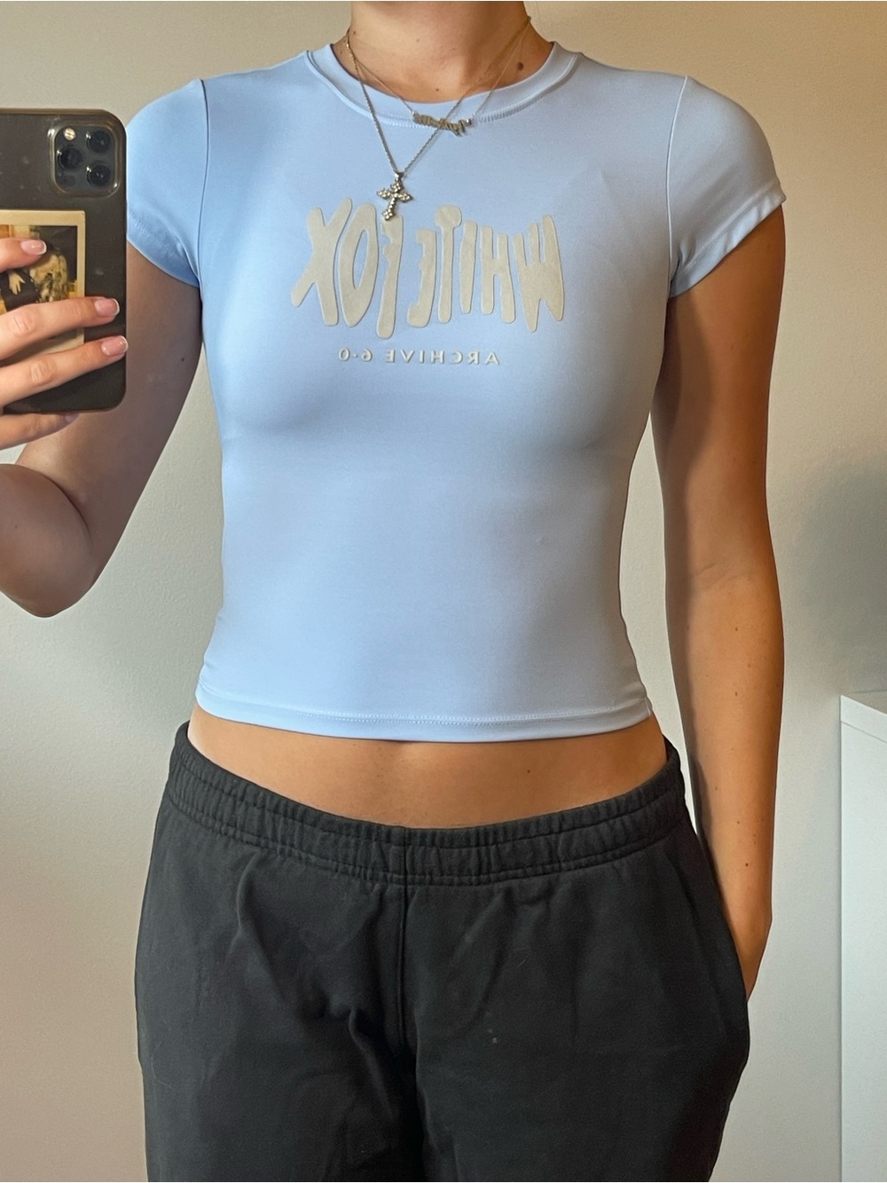White Fox Boutique Light Blue Fitted Crop Tee with White Logo